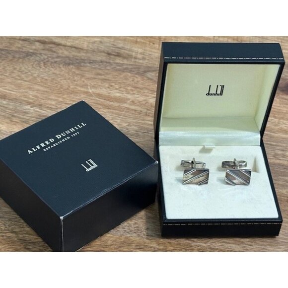 Alfred Dunhill Sterling Silver 925 Rectangular Cufflinks Striped NOS Box Vintage - Picture 1 of 12